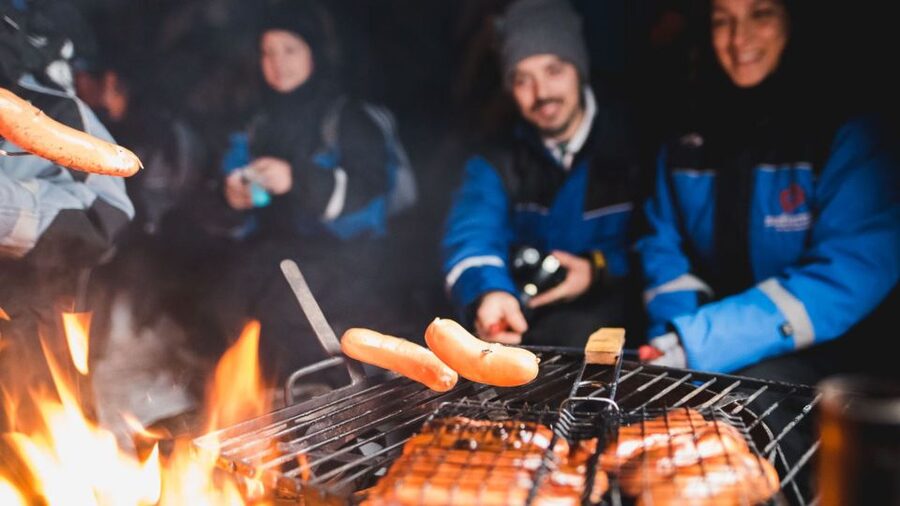 Levi: Northern Lights Snowmobile Tour with Snacks and Drinks - The fire stop with sausage and hot juice
